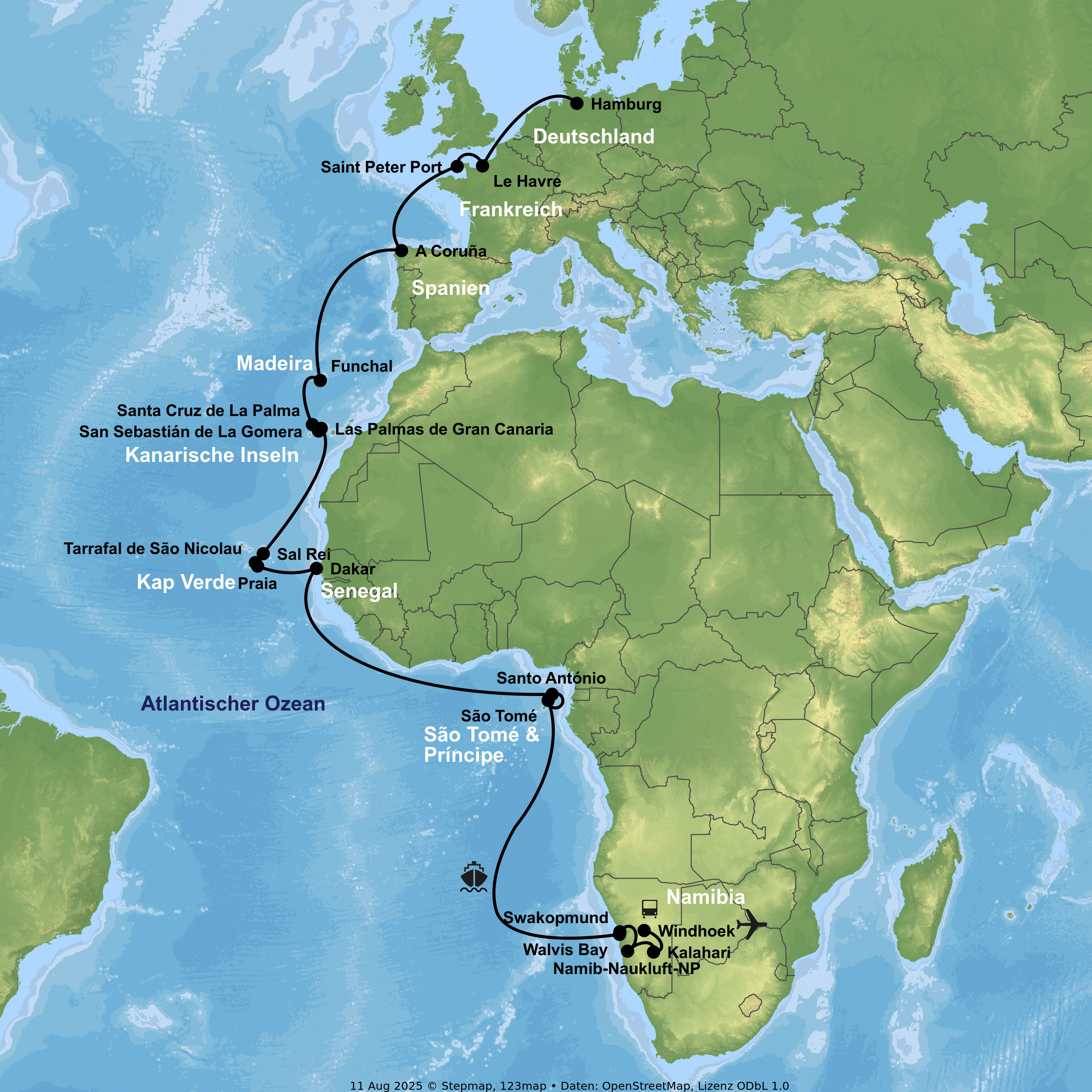 Kreuzfahrt mit MS Hamburg von Walvis Bay bis Hamburg inkl. Namibia-Rundreise