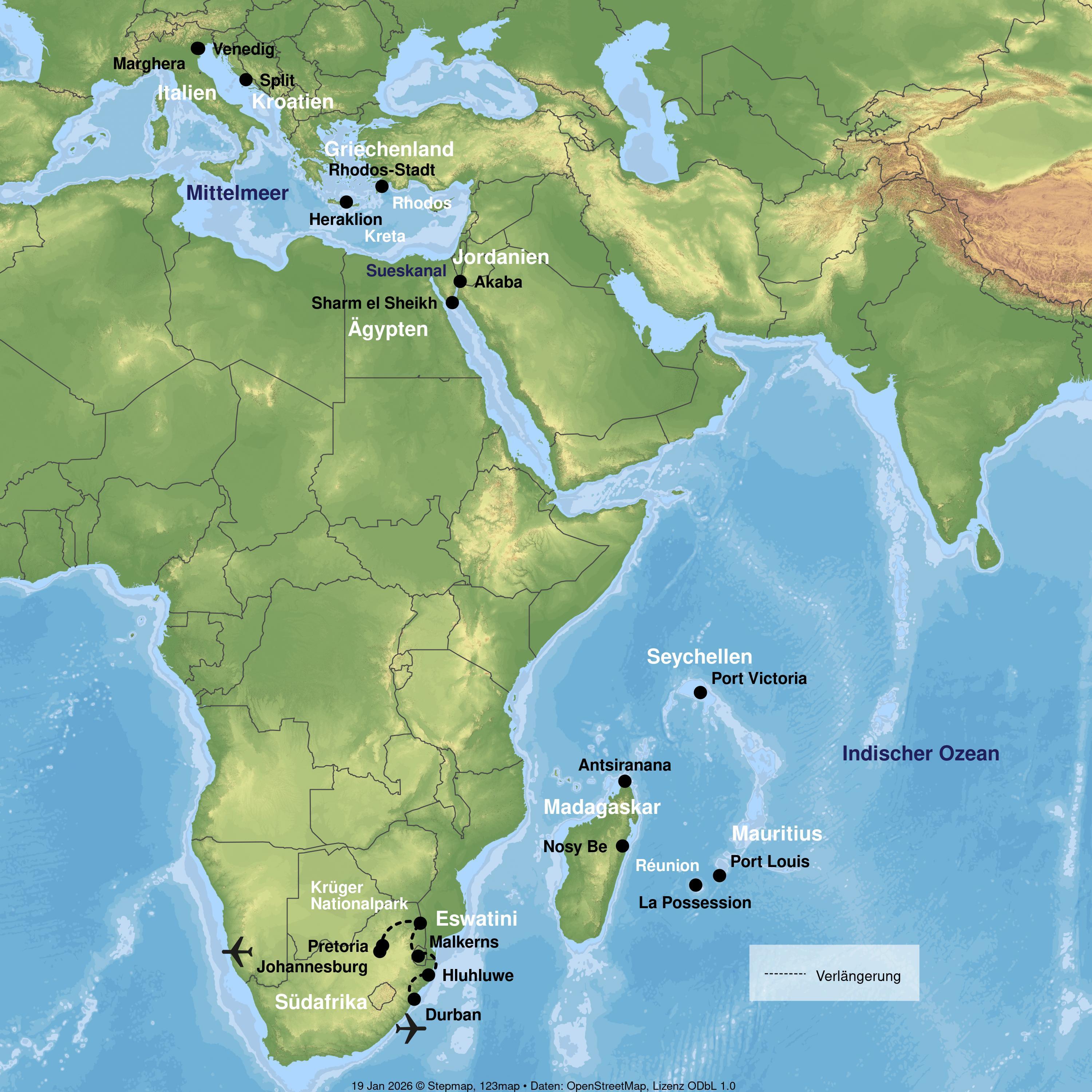 Kreuzfahrt von Venedig bis Durban oder von Durban bis Venedig