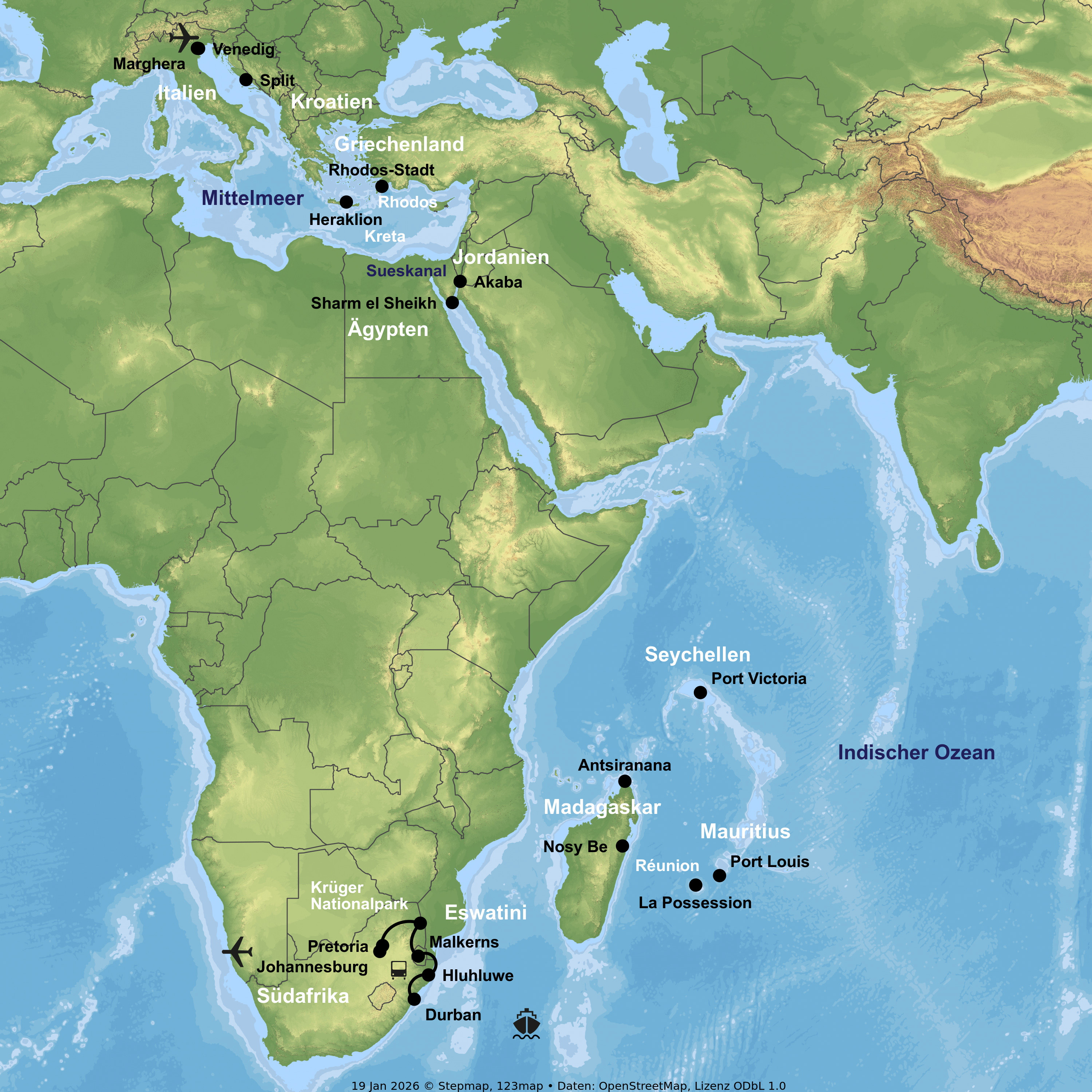 Kreuzfahrt von Venedig bis Durban inkl. Südafrika-Rundreise