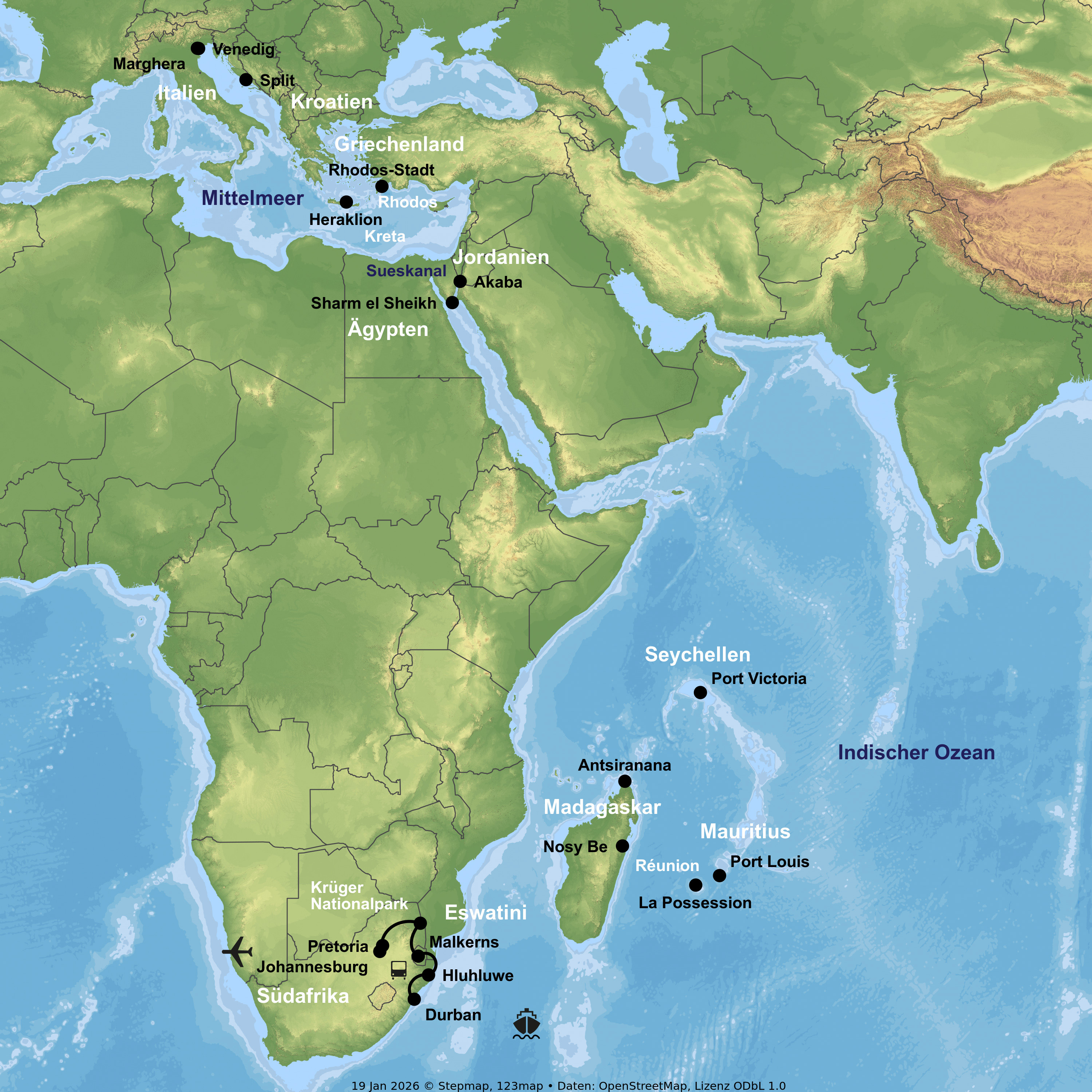Kreuzfahrt von Venedig bis Durban inkl. Südafrika-Rundreise