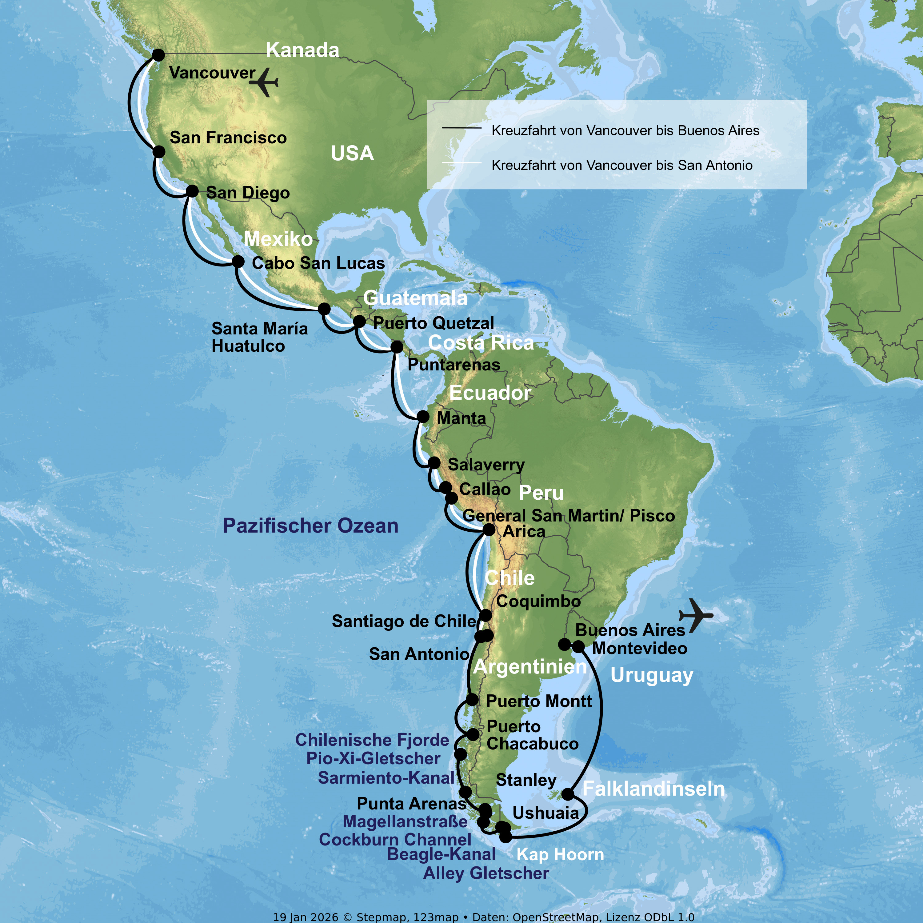 Kreuzfahrt mit Nieuw Amsterdam von Vancouver bis San Antonio bzw. Buenos Aires